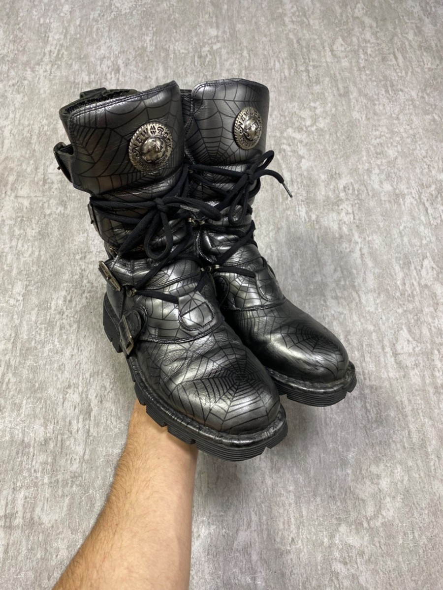 Vintage New Rock Boots Silver Spider Web Goth Cyberpunk Y2K Size