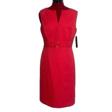 Tahari ASL Sleeveless Patty Sheath Dress Woman Size 6 Strawberry Gold Buckle NWT