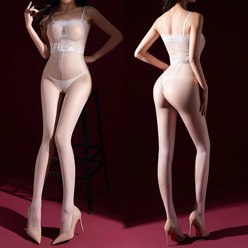 1D Oily Shiny Glossy Ultra-Thin Stockings Sling Strap Jumpsuit Pantyhose Tights - Image 3 of 4