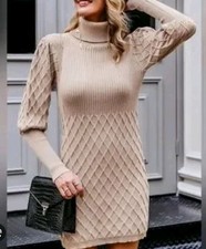 Venus Biege Long Sleeve Cable Rib Knit Turtleneck Sweater Dress Size S Mini