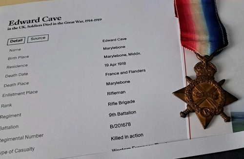 WW1 1915 Star Medal, Pte Cave, A.S.C, 9th Rifle Brigade, KIA, Marylebone Man - Picture 4 of 4