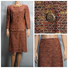 ST JOHN Couture Brown Jacket Skirt L Size 10 12 2pc Suit Gold Shimmer Multicolor