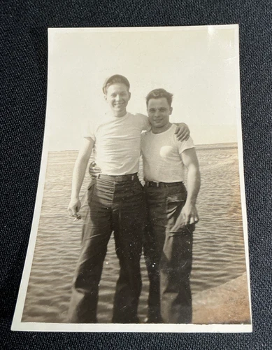 Vintage Snapshot Photo WW2 era Handsome Men Navy Military Gay Interest Embracing