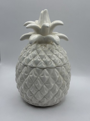 "Tarro de galletas de piña blanco cerámica gres vintage 1982 decoración del hogar 8"" con tapa" - Imagen 3 de 19