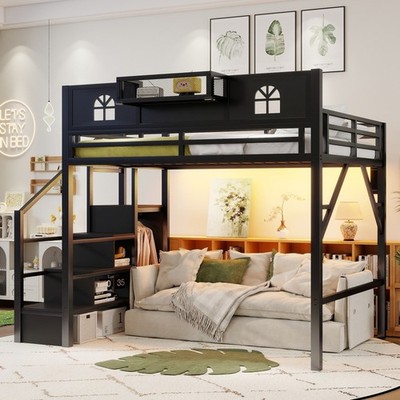 Queen/Full Size Loft Bed Frame with Stairs, Wardrobe for Kids Teens, Black/White
