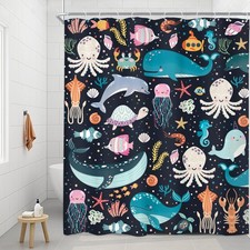 Ocean Animal Shower Curtain 60Wx72H Inch Cartoon Whale Dolphin Octopus Jellyf...