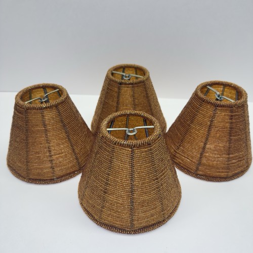 4 Vtg Amber Glass Seed Beaded Lamp Shades Clip On Bulb Chandelier Light Sconces