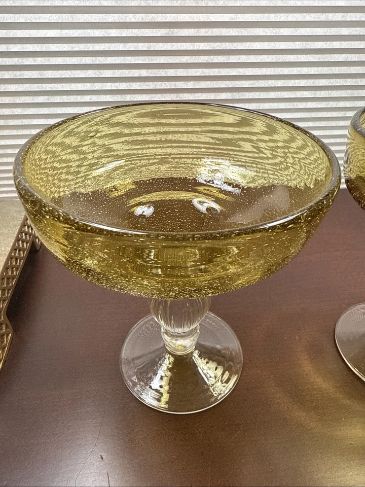 2-VTG ARTLAND Hand Blown MARGARITA GLASS Amber Seeded Bubble Bowl Heavy Cut Stem - Image 2 of 4
