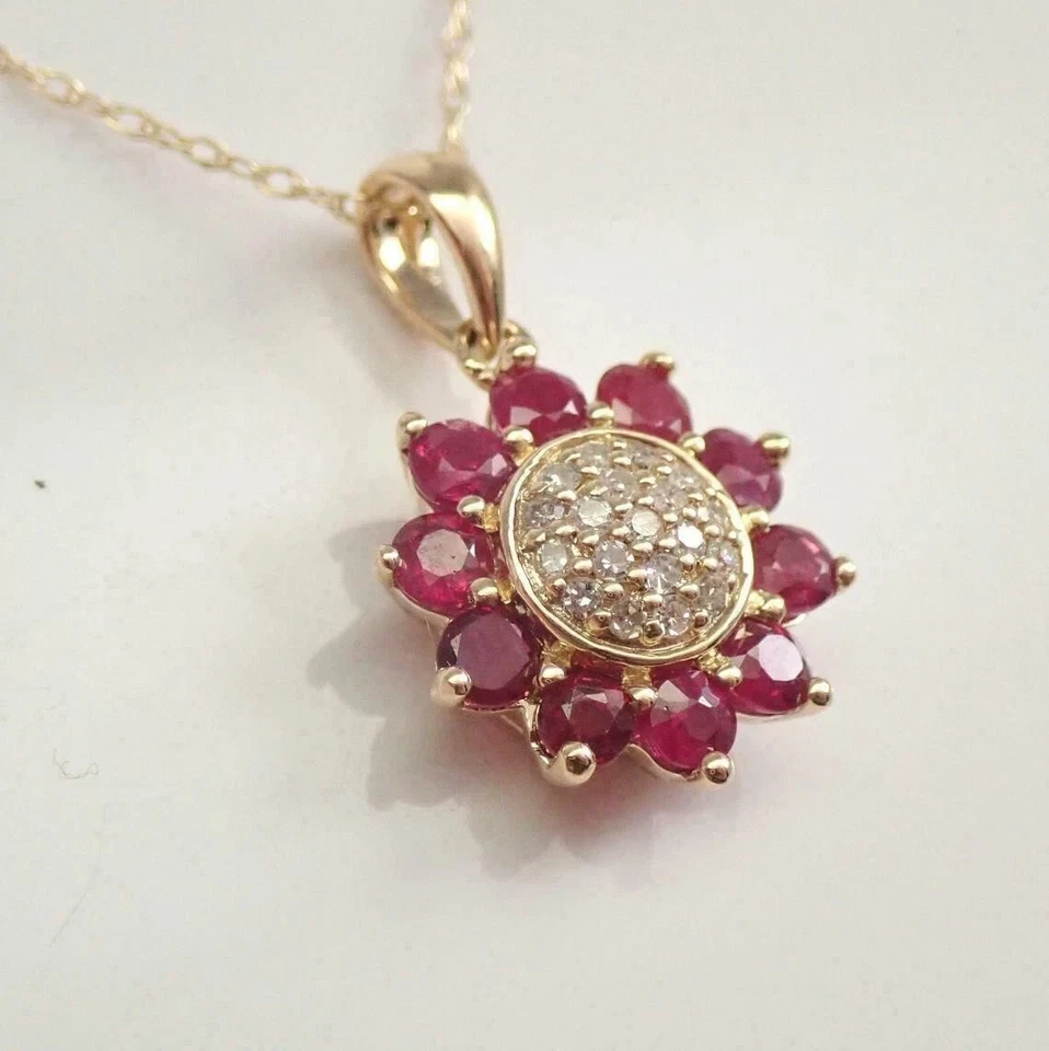 1.5Ct Round Cut Lab Created Red Ruby Flower Pendant 14K Yellow Gold Finish 18" - Image 2 of 4