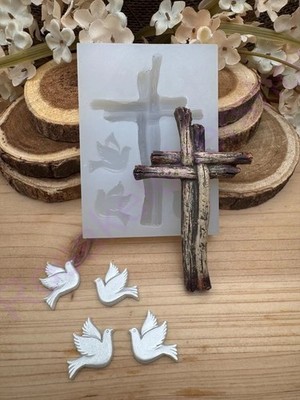 Wood design cross with pigeons handmade silicone mold for crafts