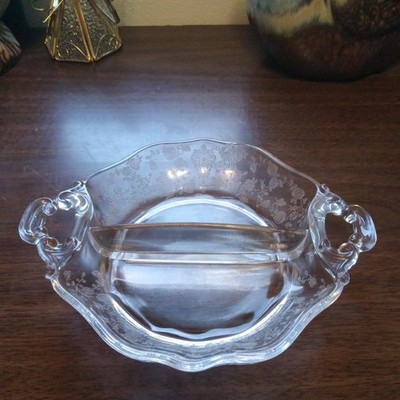 Vintage CAMBRIDGE Floral Etched Crystal Glass Rose Point Divided 2 Part Dish J