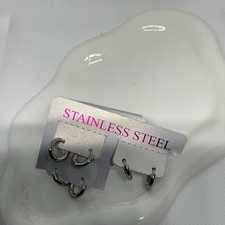 Silver Tone Stainless Steel Hinged Huggie Hoop Earrings Round, No Stone, Lobe