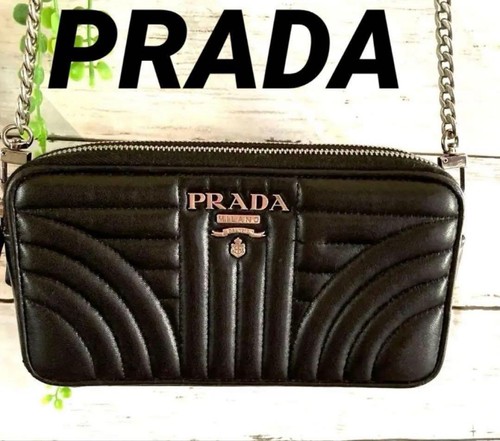 PRADA Quilted Double Zip Chain Wallet Black Nappa Leather Used