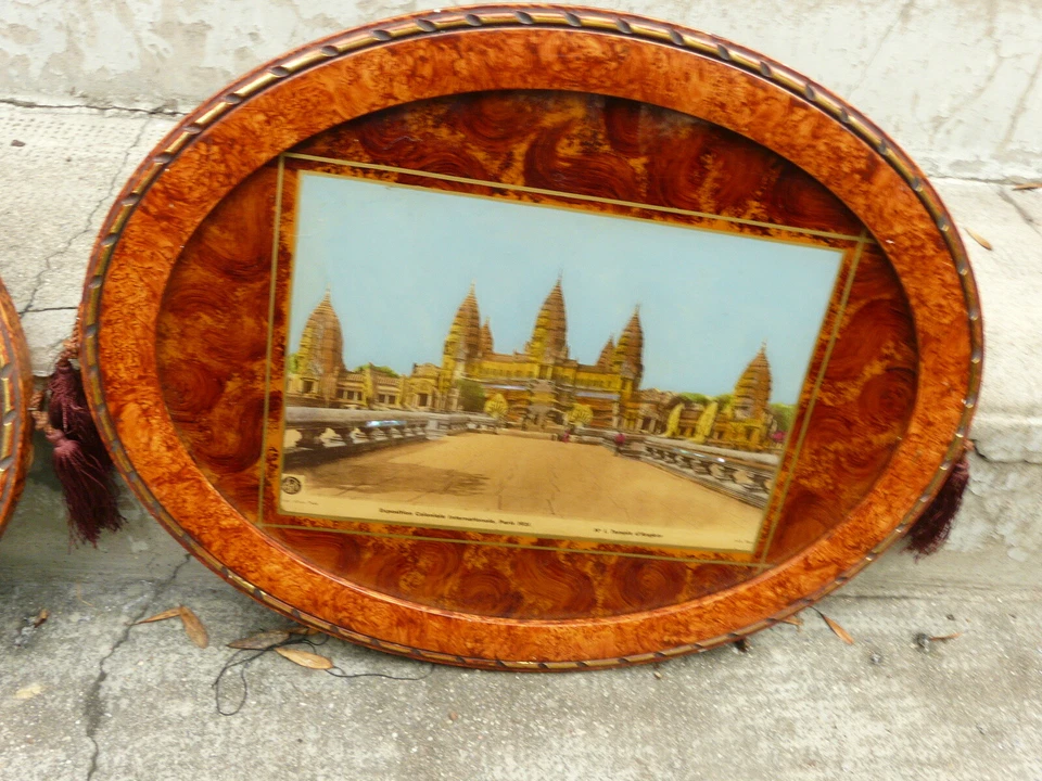 Paire de cadre ovale fixé sous verre exposition coloniale 1931 temple Angkor - Photo 3/4