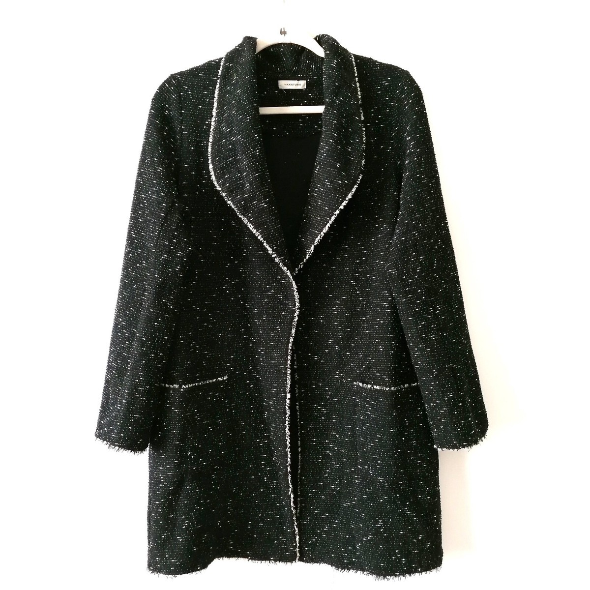 Max Studio Womens Black Tweed Fringe Marled Open Front Pocket