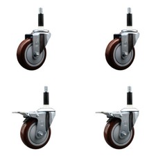 4 Inch SS Maroon Poly Swivel 7/8 Inch Expanding Stem Caster Set 2 Brakes