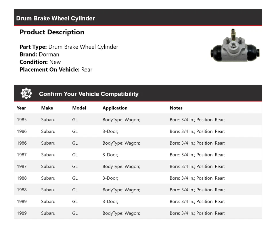 For 1985-1989 Subaru GL Dorman Drum Brake Wheel Cylinder Rear 1986 1987 1988 - Image 2 of 3