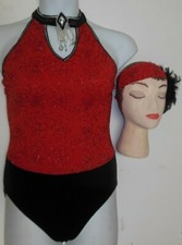 GLITTERED HOLOGRAM RED BLACK LEOTARD ADULT SIZES Beaded Motif Ladies XLA chL