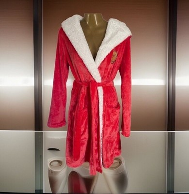 Jenni Women's Faux-Sherpa Hood Trim Fleece Short Robe, RED W/SMILEY FACE  M-L