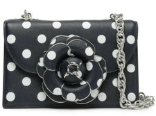 $2990 New Oscar De La Renta Tro Camellia Bag Leather Suede  Polka Dot Navy White