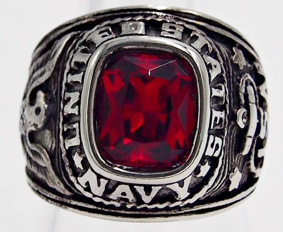 Anillo Hombre Rubí Simulado Acero Inoxidable Plata EE. UU. Militar Cuadrado Águila Talla 9 Foto 3 de 4