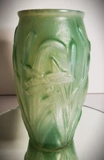 SCARCE Antique 1930s ART DECO Sculpted Art Glass Dragon Fly Cattails Green Wash