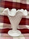 Vintage Fenton Small Hobnail White Milk Glass Trumpet Vase 3.75 inch Wavy Edge