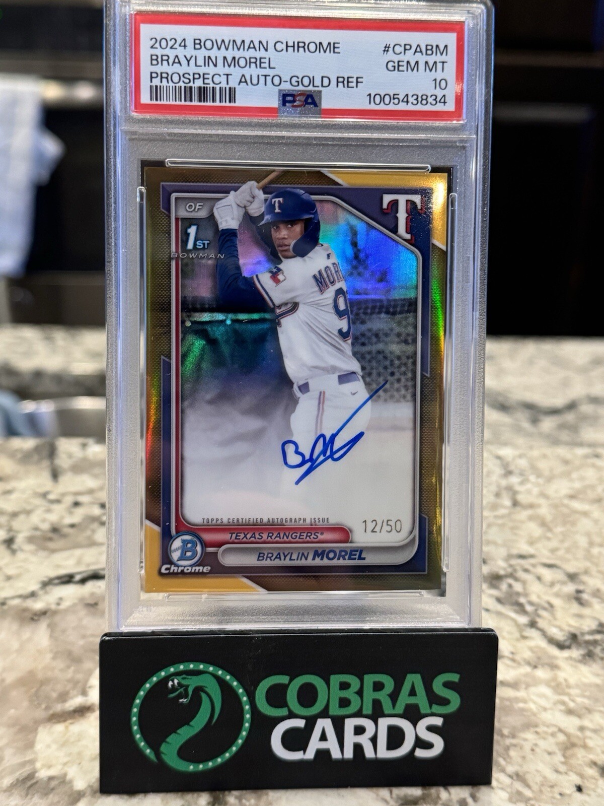 2024 Bowman Chrome Braylin Morel Auto Gold 12/50 Rangers 1st Bowman PSA 10