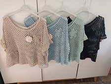 MADE IN ITALY schöner Boho Netzpullover Häkelblumen Gr. 38 40 42 44  NEU