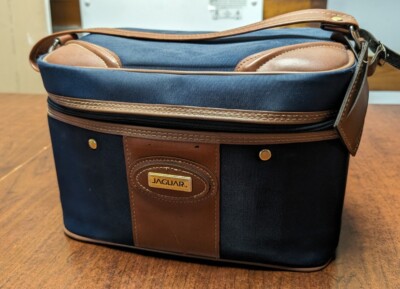 Vintage Jaguar Luggage Suitcase Travel Bag Navy Blue Brown Leather