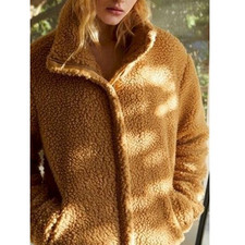 Pacsun Teddy Jacket Faux Fur Sherpa Fleece Full Zip Up Lined Oversized Tan M L