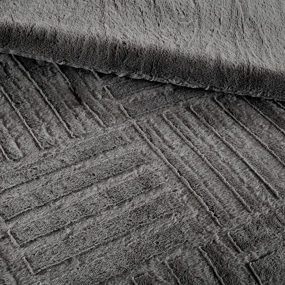 ¡NUEVO! ~ JUEGO DE EDREDÓN ULTRA FELPA SÚPER SUAVE ACOGEDOR MODERNO A RAYAS DE PIEL GRIS CARBÓN Foto 2 de 3