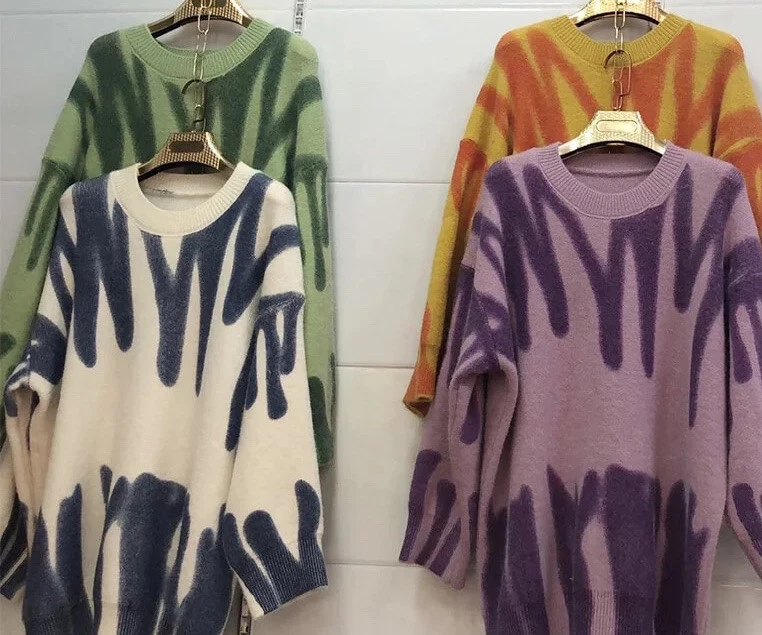 Oversize Strick Drip Sweatshirt Pullover Y2K Vintage Retro Orange und Gelb - Bild 2 von 3