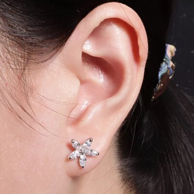 ZARD Flower Petal Stud Earrings in Marquise-Cut Clear CZ and