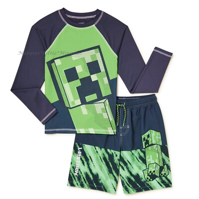 Minecraft Boys Swim Trunks Size Rash Guard Shirt Swimsuit