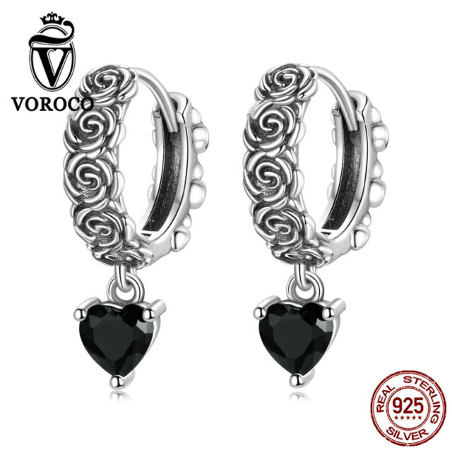Authentic 925 Sterling Silver Dark night rose Hoop ear Earrings For Women VOROCO