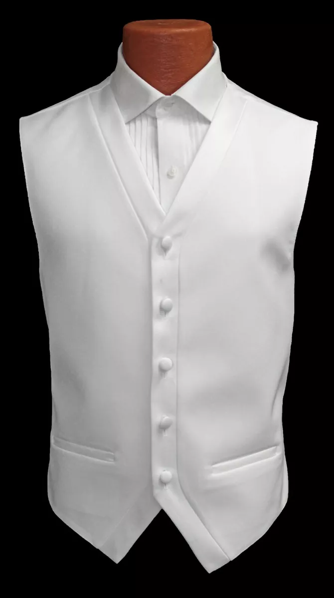 Men s White Tuxedo Vest Waistcoat with Satin Trim Adjustable Full Back Size XLL