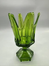 Viking Glass 6 Finger Swung Vase Open Compote Green MCM