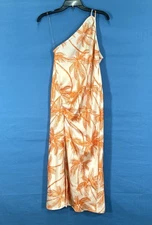 FUTURE COLLECTIVE Orange/Cream PALM TROPICAL Satin ONE-SHOULDER Midi Dress Sz XS