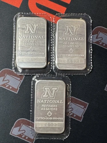 (3) Bar Lot Vintage 1 Troy Oz .999 Fine Silver National Refiners Sequential #’s