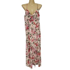 NEW Fashion Nova Floral High Slit Maxi Dress Women Medium Tan Pink Tropical Boho