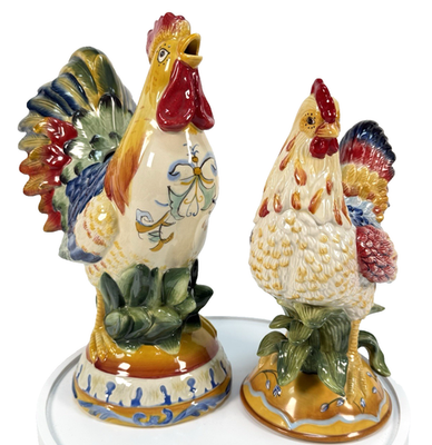 Fitz & Floyd Ricamo Figural Rooster Pitcher & Hen Figurine Set