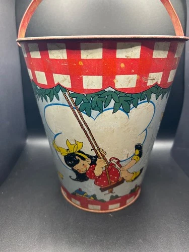 Vintage Ohio Art Tin Litho Sand Pail Graphics of Children