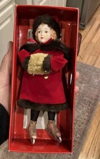 Vintage Past Times Victorian Skating Bisque Doll 7.5 Girl Skates Coat Muff Box