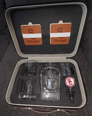 Usc TroJans Whiskey Set Glass, Decanter, Ice Cubes, Leather Case
