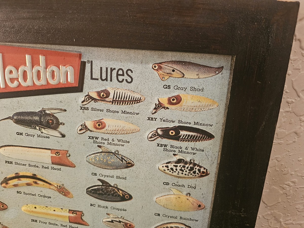 Vintage Heddon Famous Lures Metal Sign W/Matte Black Wood Frame