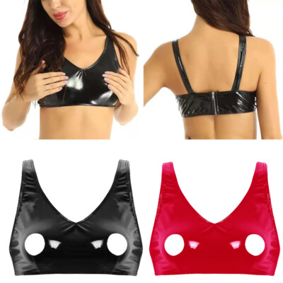 Women Sexy Hollow Out Nipples Open PVC Leather Lingerie Latex Bra Tops Underwear