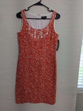Tahari Dress 4 Orange / White Sleeveless Beaded Lined Knee Length Shift 