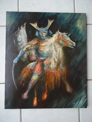 Tableau Guerrier Samouraï à Cheval Huile sur Toile Signature à identifier Japon - Photo 1/4