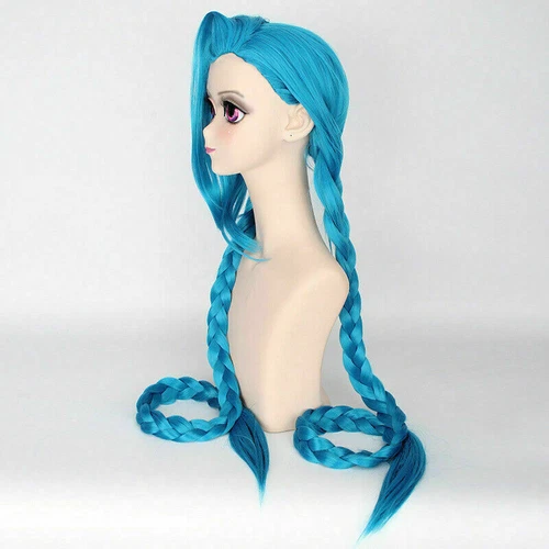 LOL Jinx Parrucca Cosplay Forcina Prop Trecce Blu Il Cannone Sciolto Capelli Sintetici - Foto 5 di 15